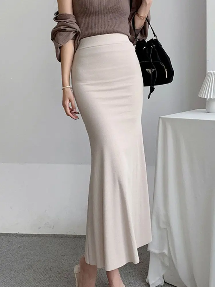 Elegant Summer Long Skirts Women Fashion High Waist Elastic Korean Y2k Clothes Casual Slim Ladies Mid Length Pink Black Skirt