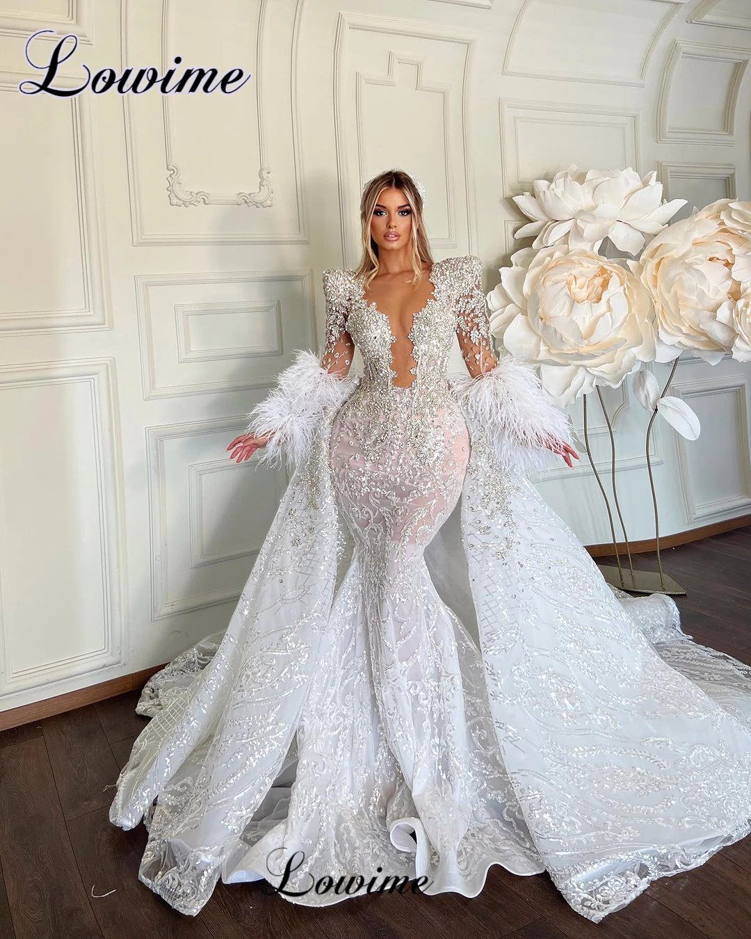 Two Pieces Ivory Evening Dresses With Detachable Train Long Sleeves Wedding Party Dresses Celebrity Dresses Robes De Soirée