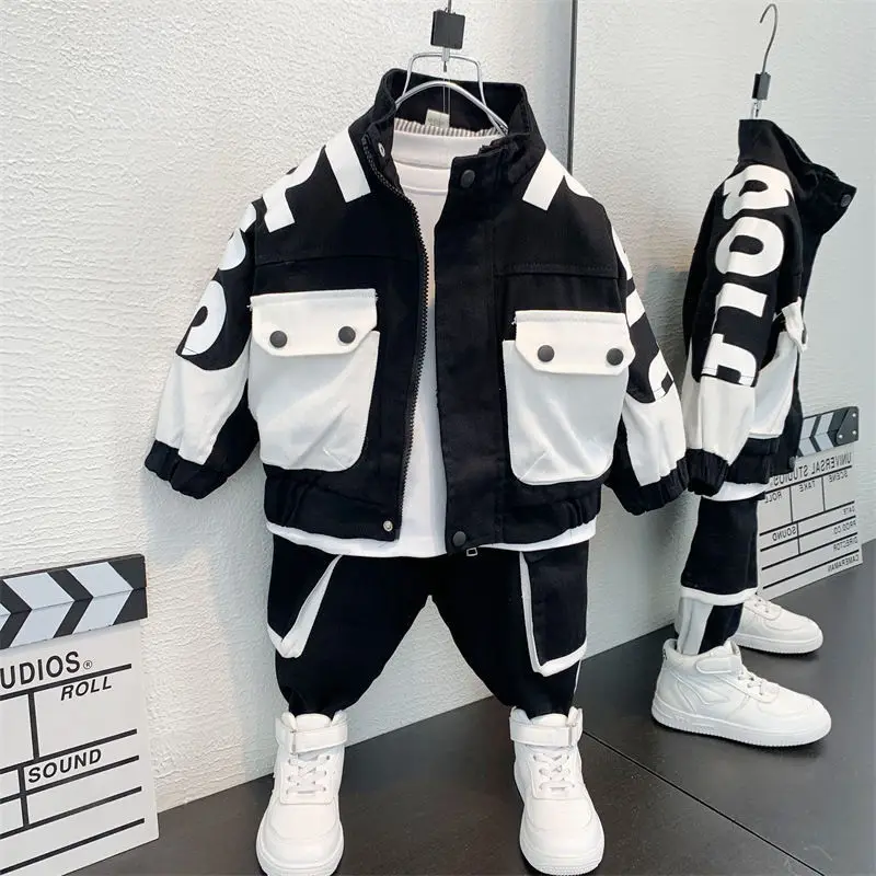 

Boys' Sets Jacket Pants Two-piece Suits Korea Fashion Contrasting Colors Street Handsome Letter Cool Children Sports Clothes