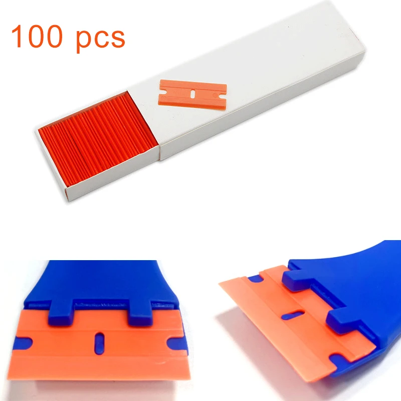 

1.5" Plastic Razor Scraper With 100pcs Double Edged Plastic Blades For Removing Car Labels Stickers Glue Decals On Glass Windows