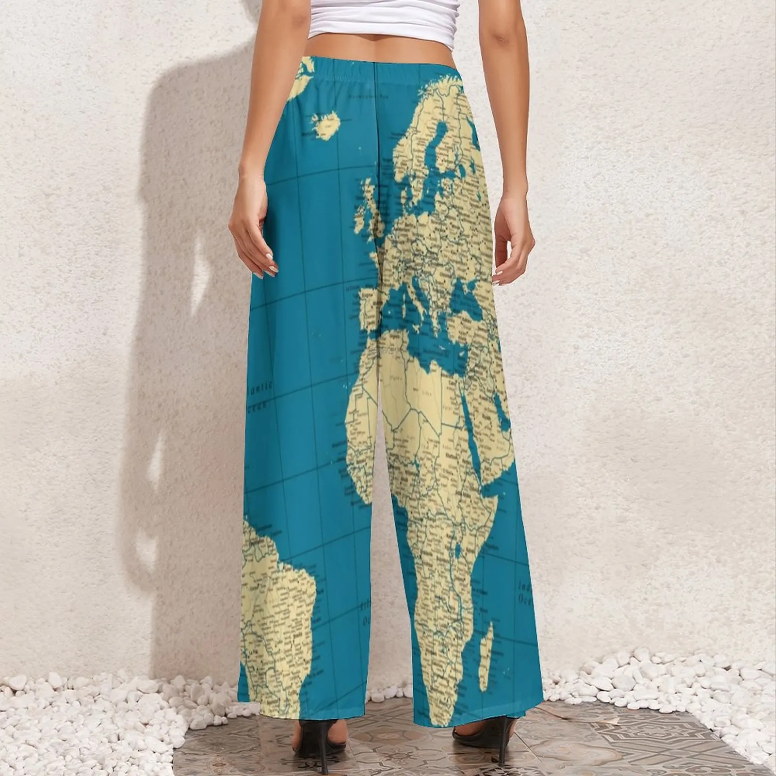 Vintage World Map Pants Countries Cities Roads Streetwear Straight Wide Leg Pants Elastic High Waist Trousers Big Size 5XL 6XL