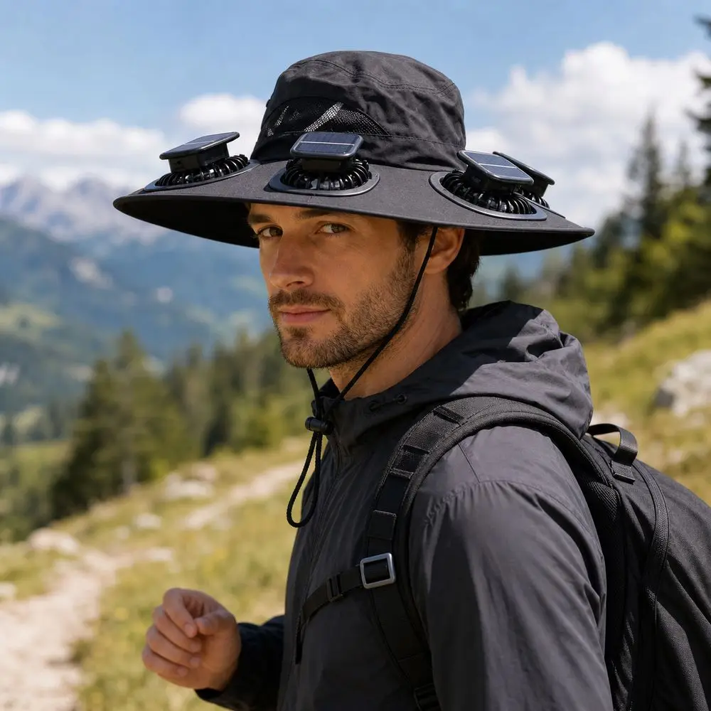 New 6 Fans Solar Fan Hat UV Protection Wide Brim Solar Sun Cap Solar Powered Breathable Fan Visor Cap For Men