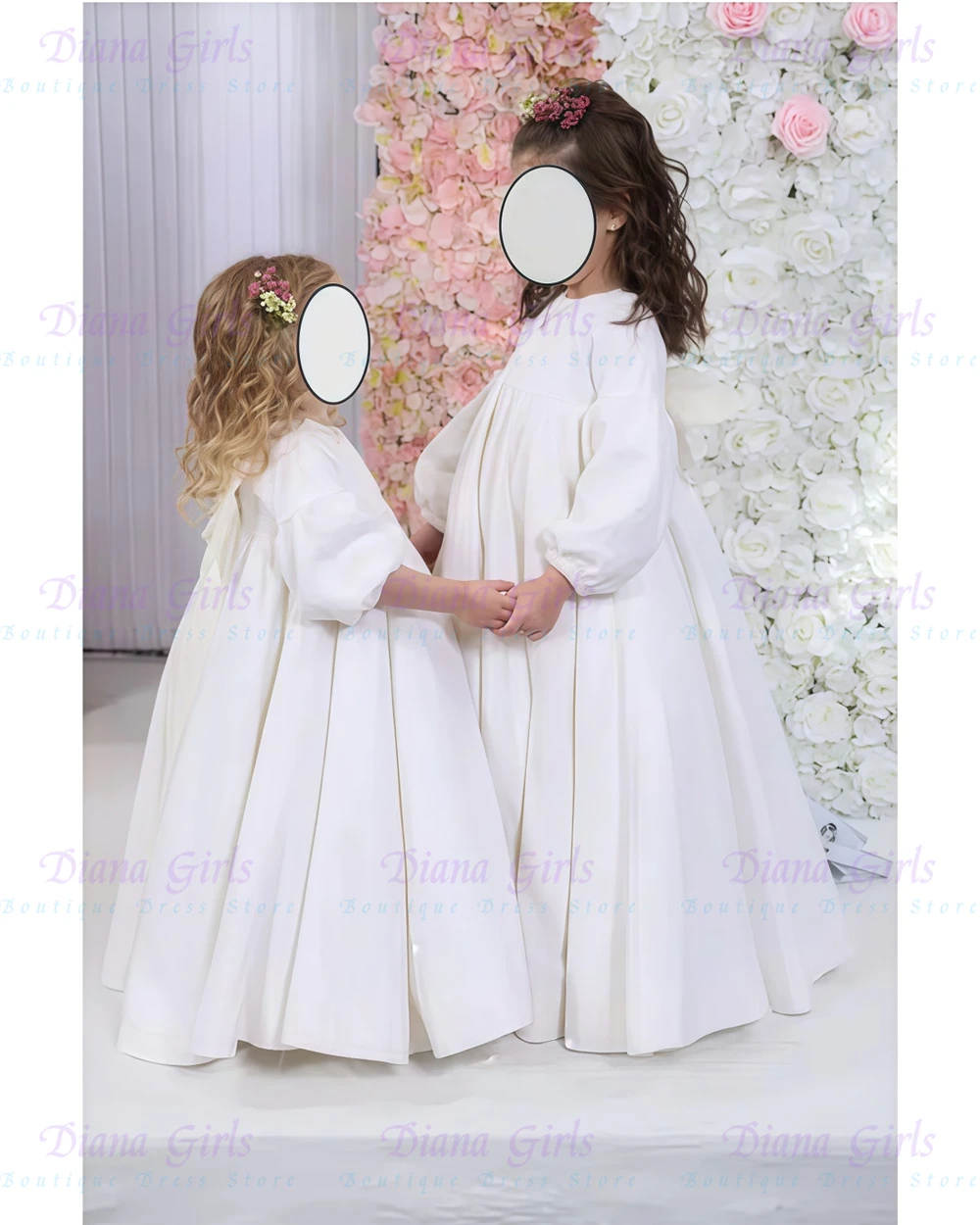 Lovely White First Communion Satin Fluffy Flower Girl Dress with Big Bow for Kids Wedding Birthday Party Ball Gowns