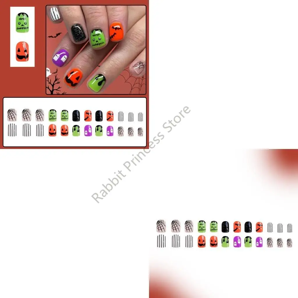 

BX0F Halloween Artificial Tips Cobweb Bat Design Short Square Press On Tips 24Pieces Easy Application