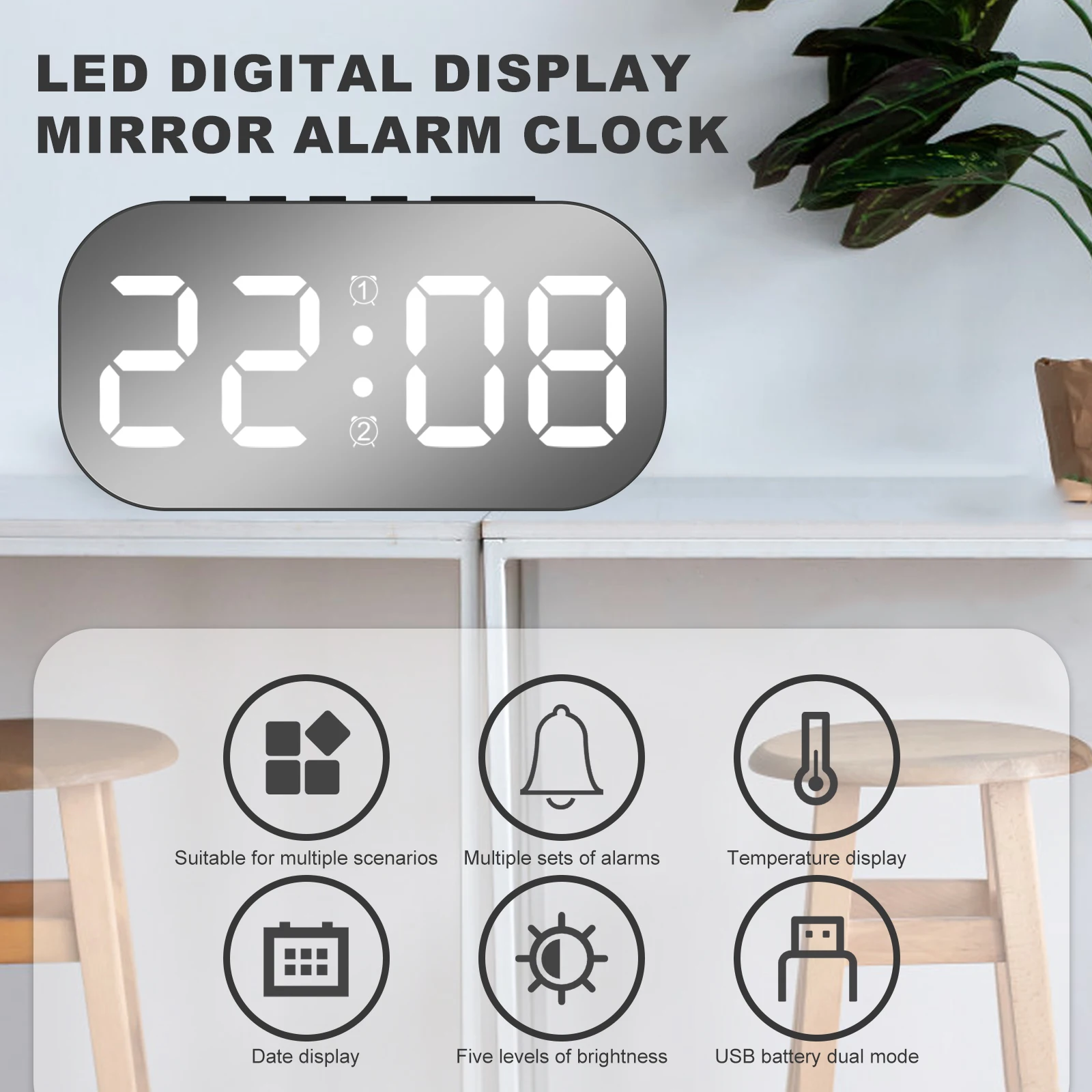 Digital Alarm Clock 3/5 Levels Dimmable Night Light Digital Clock with Temperature Display Snooze Mode Desktop Clock USB Bedroom