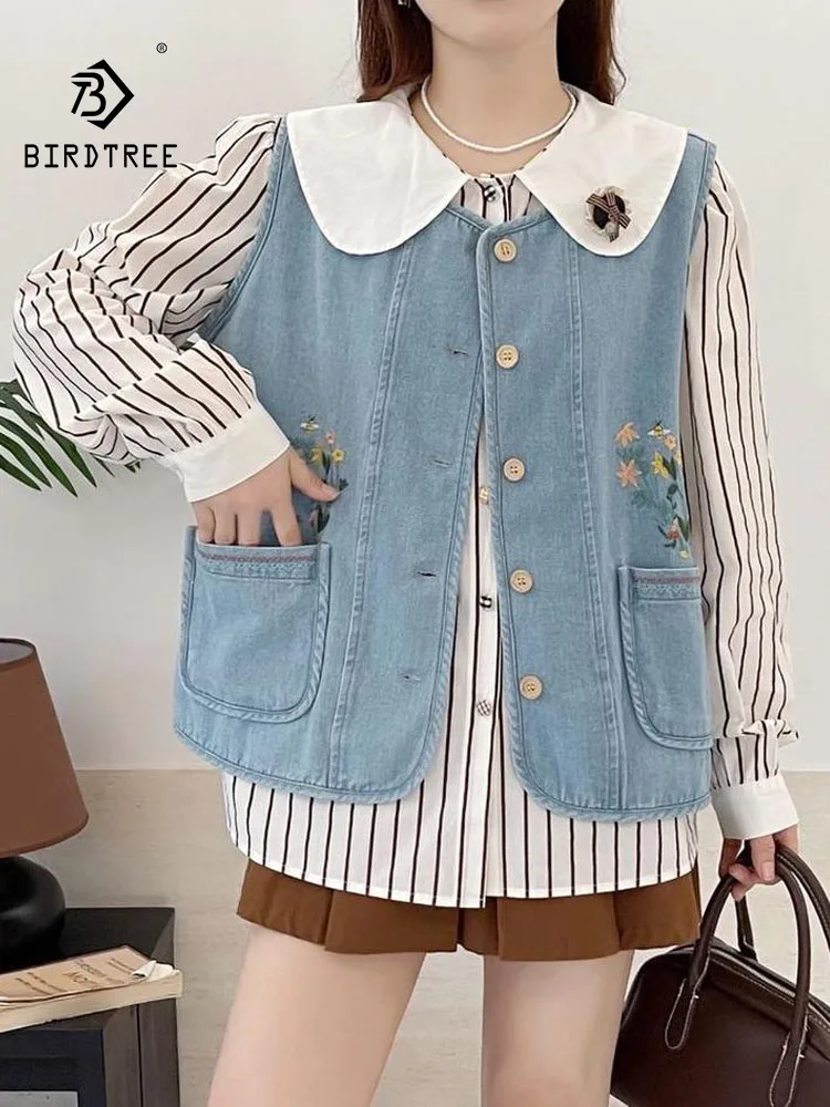 

Новый зимний джинсовый жилет 2025, женский жилет без рукавов с круглым вырезом и цветочной вышивкой, милое повседневное свободное пальто Mori Girl во французском стиле ретро C5N955CC