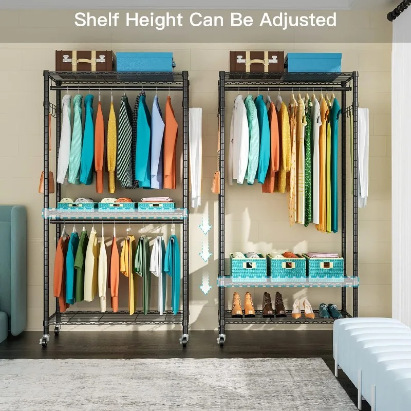 Portable Closets, 3 Tiers Heavy-Duty Rolling Garment Rack, Free-Standing Adjustable Clothes Storage and Organizer System