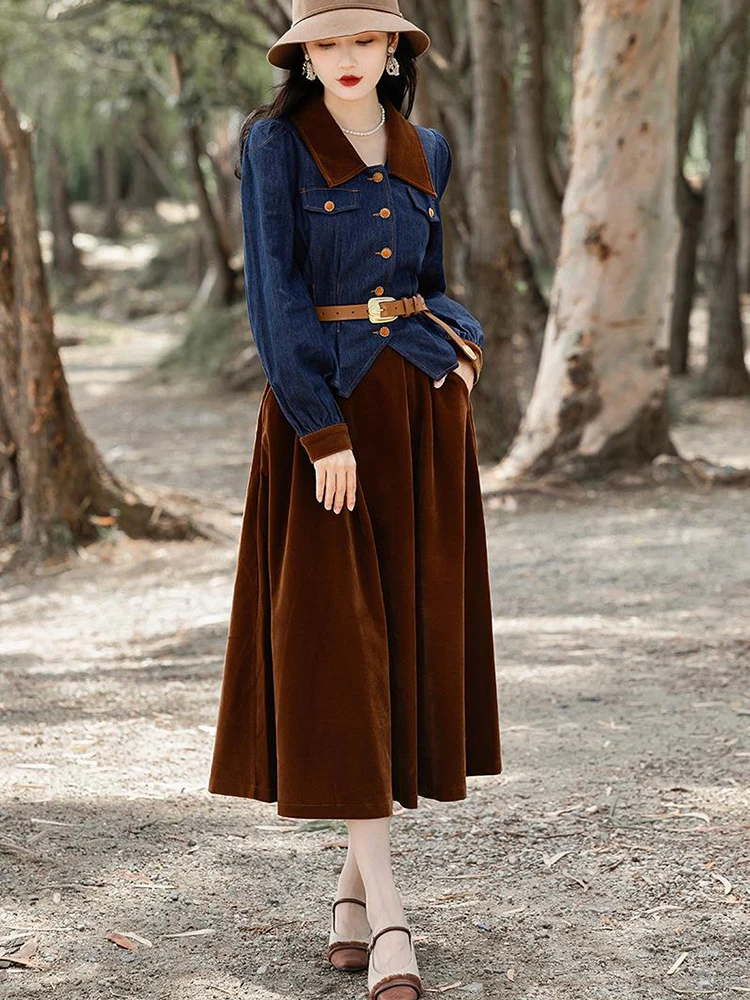 Vintage Fashion Two Piece Skirt Set Women Spring Autumn Long Sleeve Denim Jacket and Long Velvet Skirts Korean Outfits