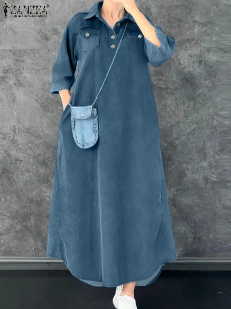 ZANZEA 패션 용수철 데님 블루 선드레스 여성용, 2025 여름 원피스 캐주얼 3/4 소매, 헐렁한 작업 베스티도, 카프탄 맥시 롱 원피스