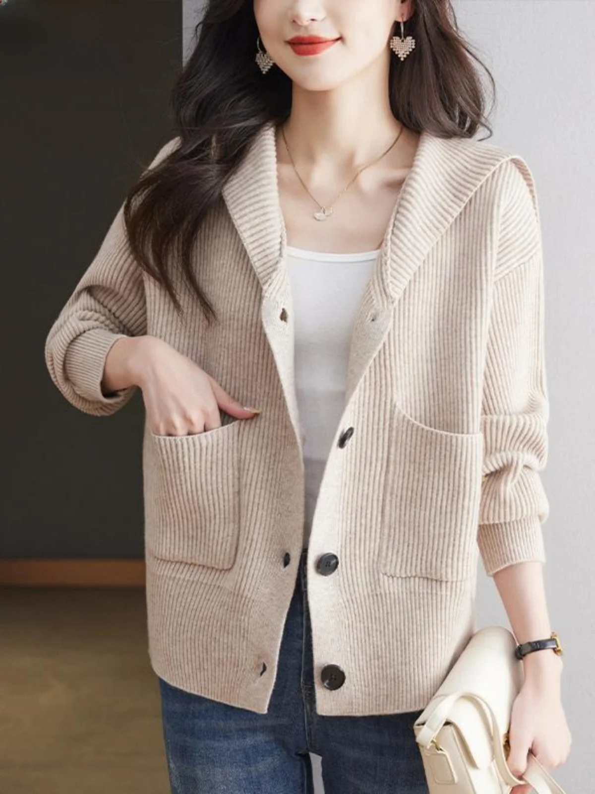 

Hengyuanxiang Women's Knitted Woolen Open Cardigan Spring Autumn New Loose Large Size Anti-aging Hoodie Sweater Jaet Top