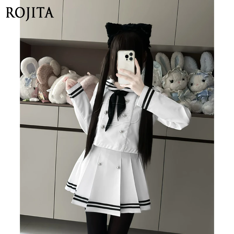 

Сплошной цвет, матросский костюм, комплект в японском стиле, модный белый топ с длинными рукавами + короткая юбка с эластичной резинкой на талии + шарф ручной вязки