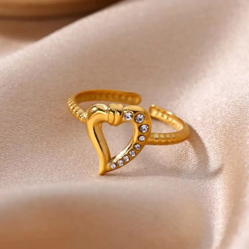 Zierliche Zirkon-Herzringe für Frauen, goldfarben, Edelstahl, geometrischer Herzring, Hochzeitsschmuck, Geburtstagsgeschenk, Alltagskleidung
