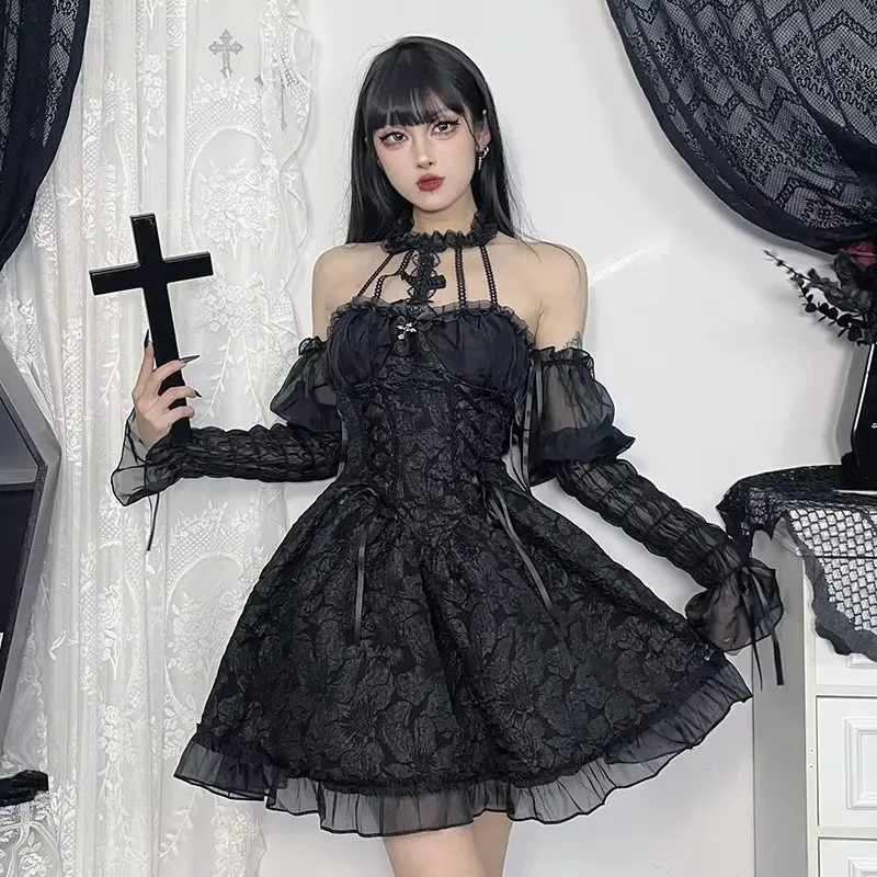 Goth Dark Mall Gothic Emo Jacquard A-line Dresses Elegant Grunge Ruched Bandage Partywear Punk Black Women Halloween Club Dress