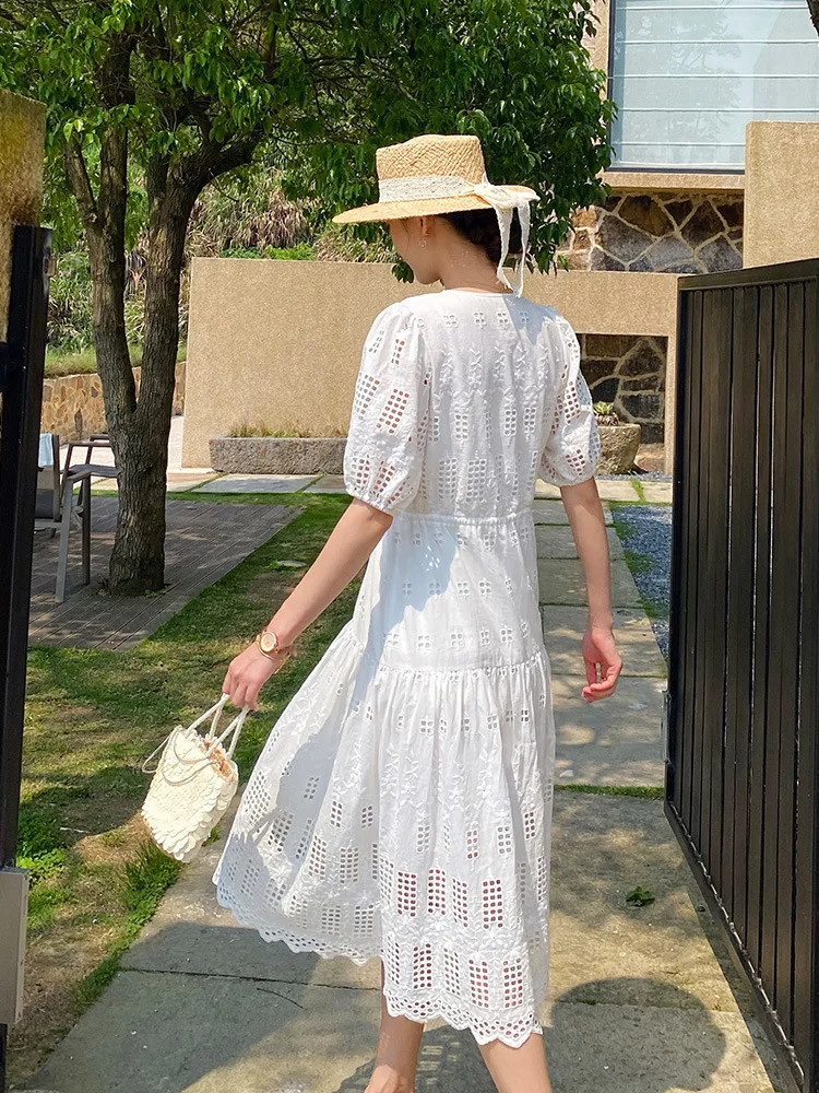 GypsyLady-Vestido Midi Bordado Floral Feminino, Algodão Branco, Chique, Escavar, Sexy, Boho, Verão, Vestido Vocacional para Senhora