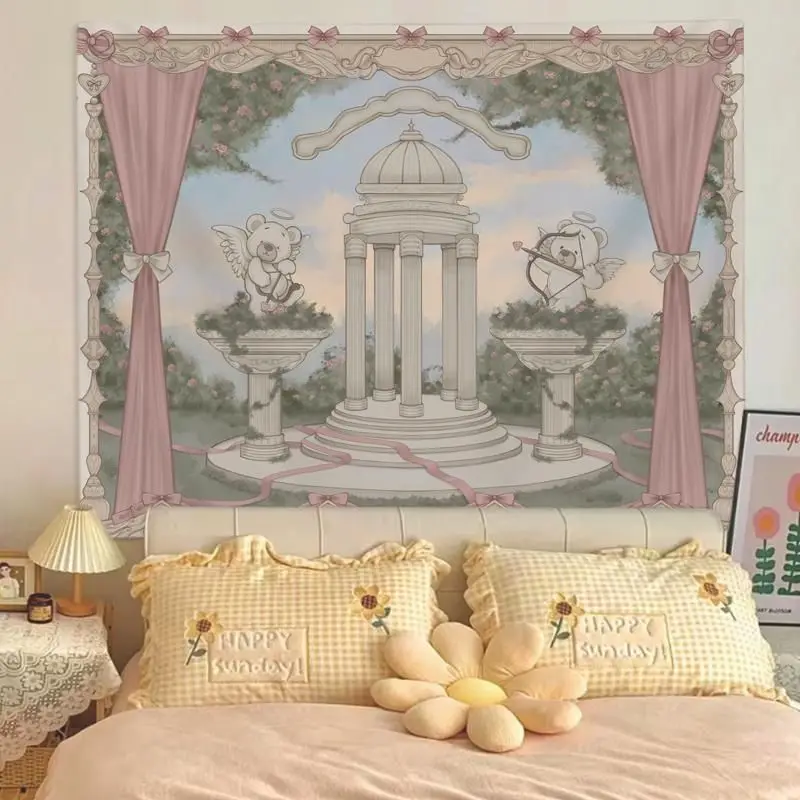 VIKAMA European Garden Angel Bear Tapestry Wall Hanging Home Decor for Bedroom Living Room Dorm Cupid Cute Bear Linen