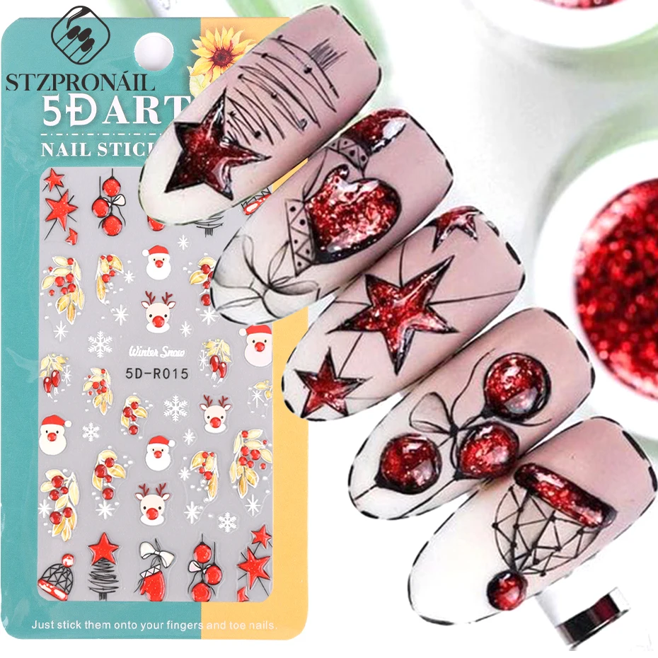 Red Christmas Nail Stickers 5D Acrylic Embossed Blue Leaves Lantern Santa Snowflake Lace Flower Winter Xmas Engraved Nails Decor