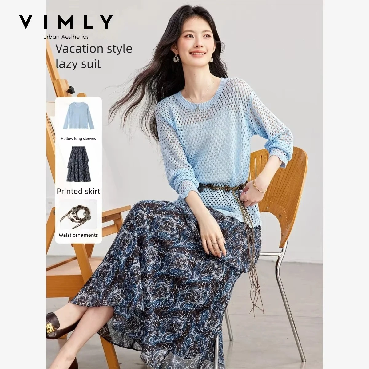 VIMLY Women's Two-piece Set 2026 Fall Fashion Elegant Commuter Blue Hollow Out Pullover Printed Midi Skirt Matching Outfit 31563