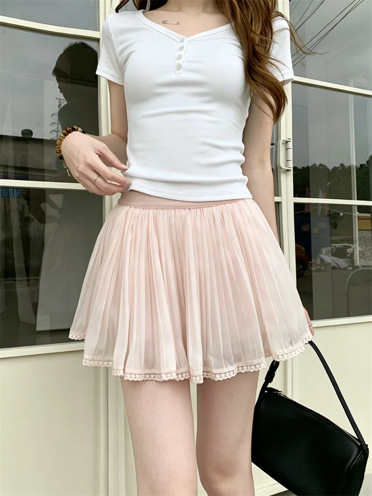 

Pink High Waist A-Line Skirt Women's Sweet Style Pleated Summer Fashion Versatile Half-length Bouncy Skirt