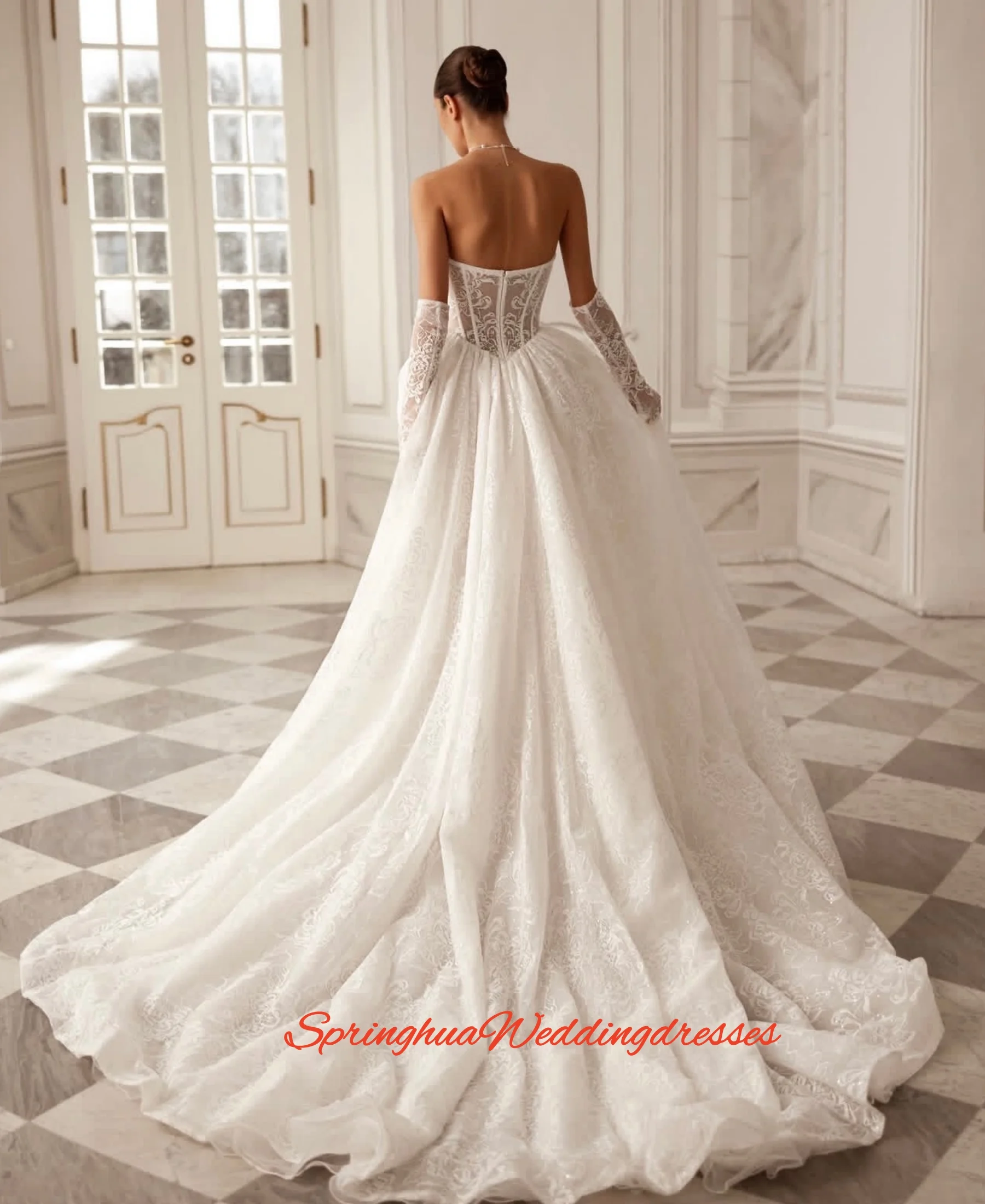 Customized Luxury Wedding Dresses Women's A Line Sexy Shiny Bridal Gowns Sweep Train Sequined Sleeveless Tulle Vestidos De Novia