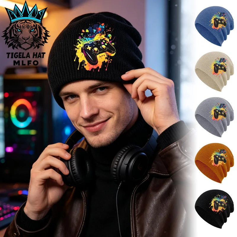 Novelty Trendy Slouchy Beanie, Colorful Game Controller Print, For Daily Casual Wear, Christmas & Holiday Home Gathering