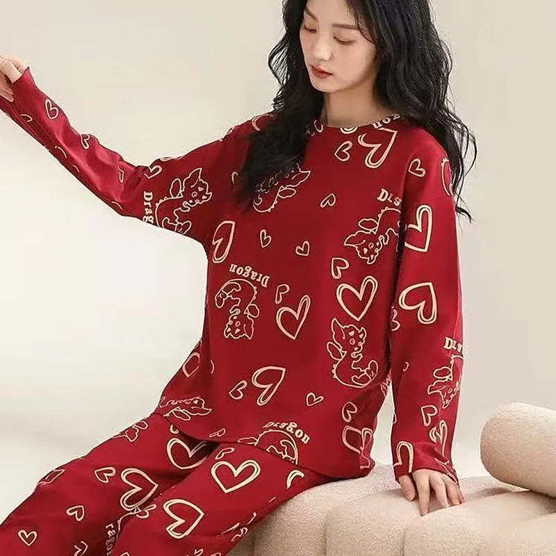 

Красные красивые пижамы с принтом для женщин, костюм, весенне-осенний комплект для сна с длинными рукавами, повседневные пижамы, женская ночная одежда, одежда для сна