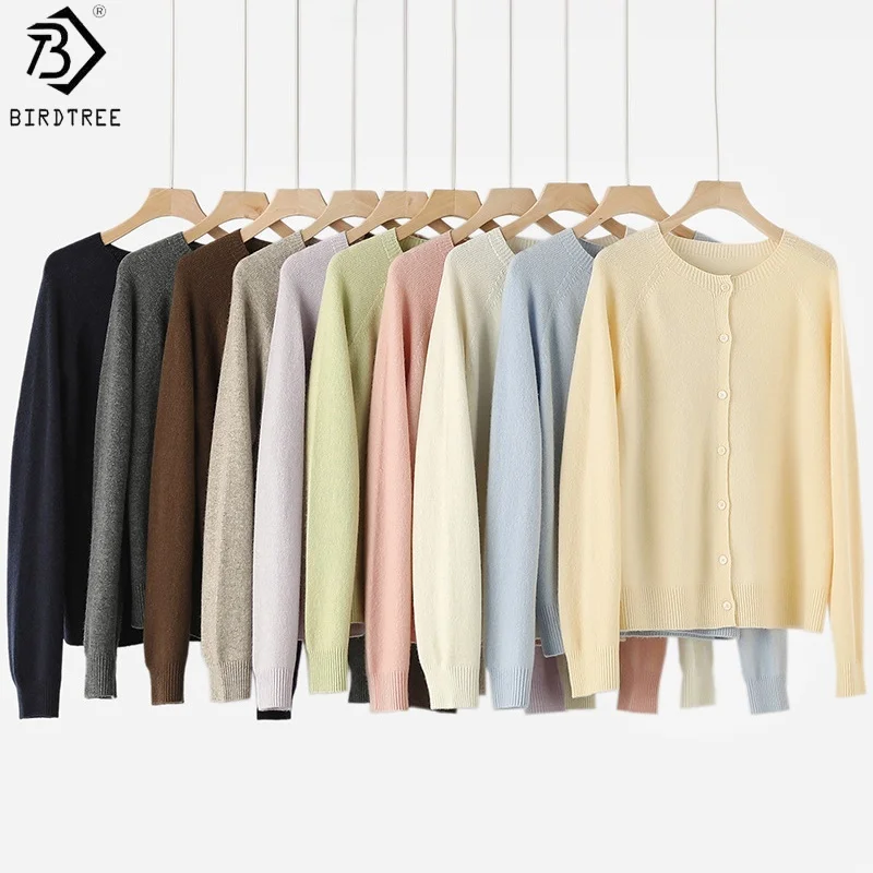 

Birdtree, 91,7% овечья шерсть, 8,3% кашемировый вязаный кардиган, женский однобортный однотонный трикотаж с круглым вырезом, осенний свитер 2023T5O419JF