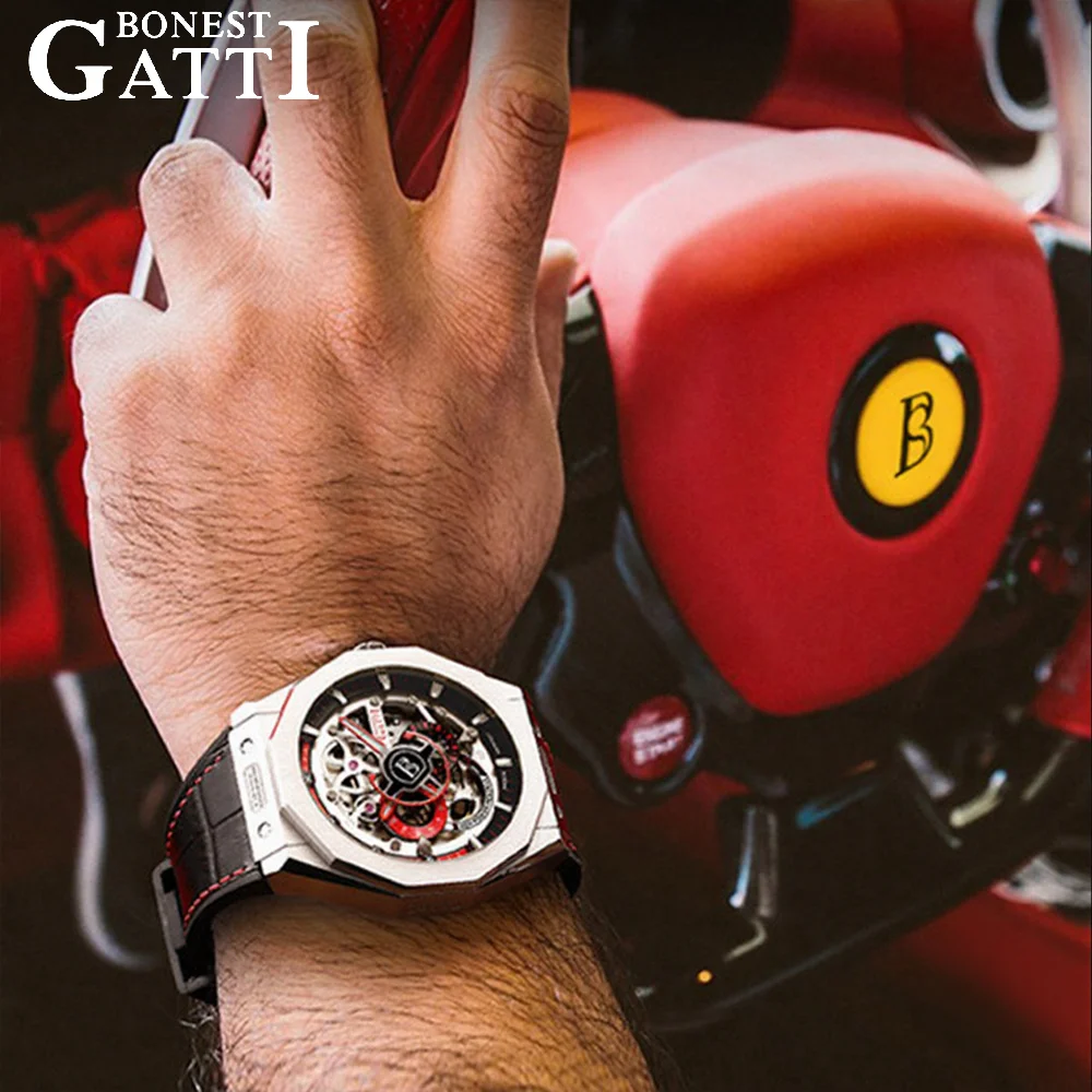 BONEST GATTI BG-7610S Men's Racing Chronograph Auto Mechanical Watch Skeleton Sapphire Luminous Steel Strap 5ATM German Crafted