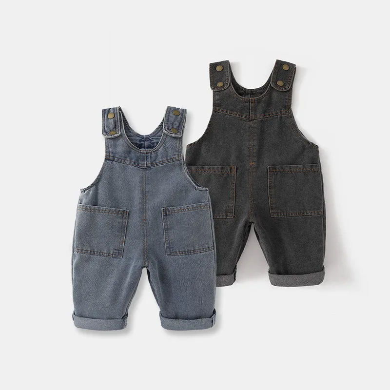 2024 New Korean version soft washed denim children's baby jumpsuit boys and girls front pocket solid color integrated pants 0-5Y