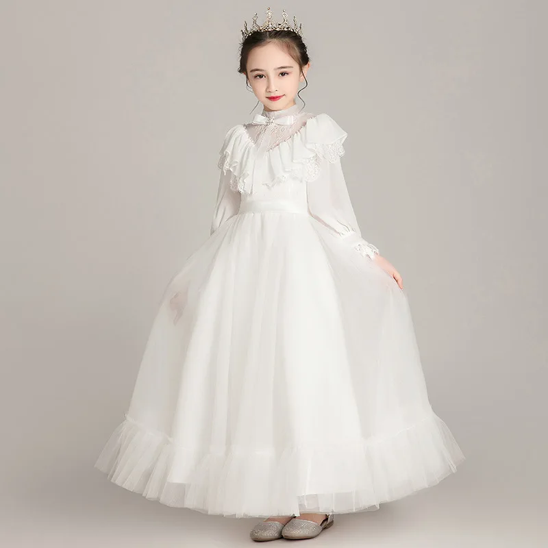 

Girls' formal dress white gauze fashion flower girl princess dress children's wedding dress piano performance dress host long