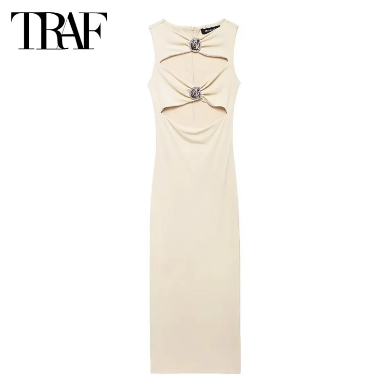 TRAF Elegant Women\'s Long Dresses 2024 Summer Party Evening Knitted Dresses Ladies Fashion Sleeveless Beige Midi Dresses