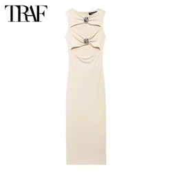 TRAF Elegant Women's Long Dresses 2024 Summer Party Evening Knitted Dresses Ladies Fashion Sleeveless Beige Midi Dresses