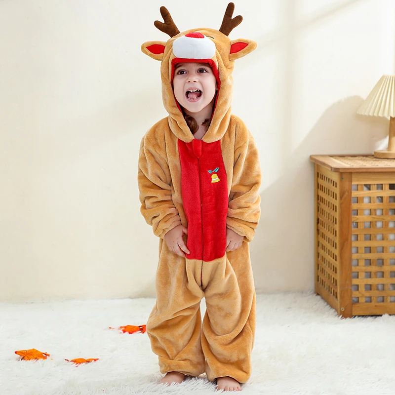 Christmas Children Clothes Toddler Cartoon Deer Costume Hooded Romper Halloween Soft Cosplay Boys Girls Festival Gift Clothing