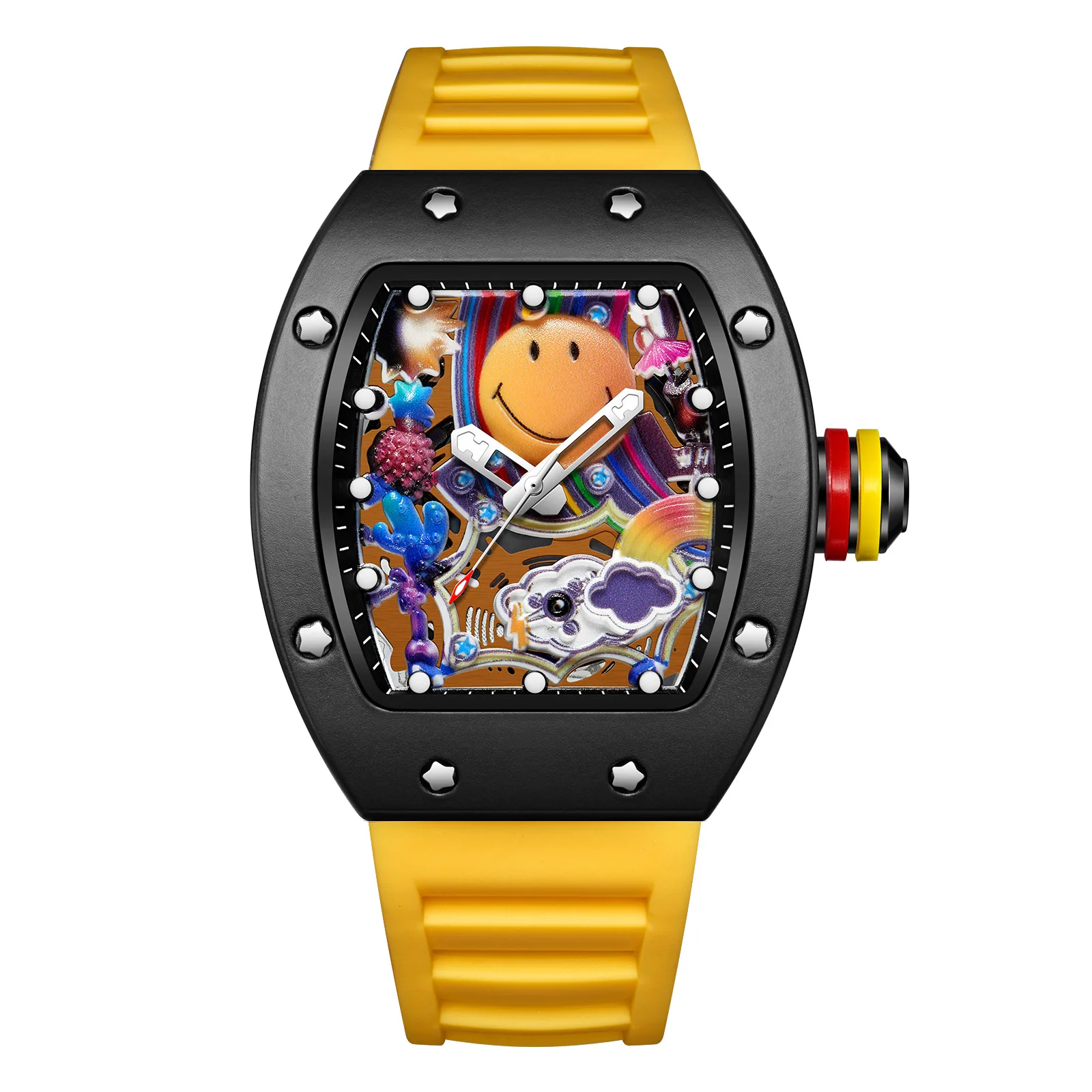 New smiley face barrel-shaped watch men's fashion watch luminous waterproof hollow quartz watch