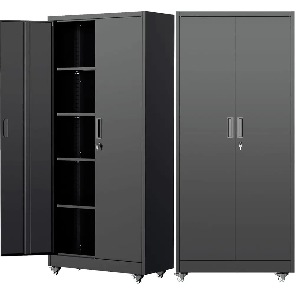 

73" Metal Storage Cabinet with Wheels, Garage Storage Cabinet with 4 Adjustable Shelves & Lockable Door Garage Home Oice, Heavy