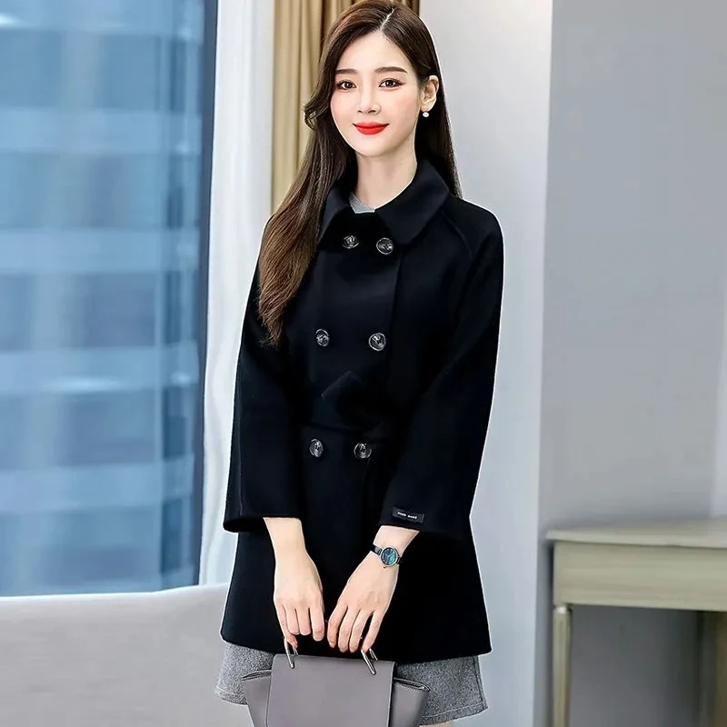 سترة صوفية عصرية معطف نسائي ربيعي جديد حزام خصر غير رسمي صف مزدوج سترة واقية من الصوف للتخسيس ملابس خارجية XQ15