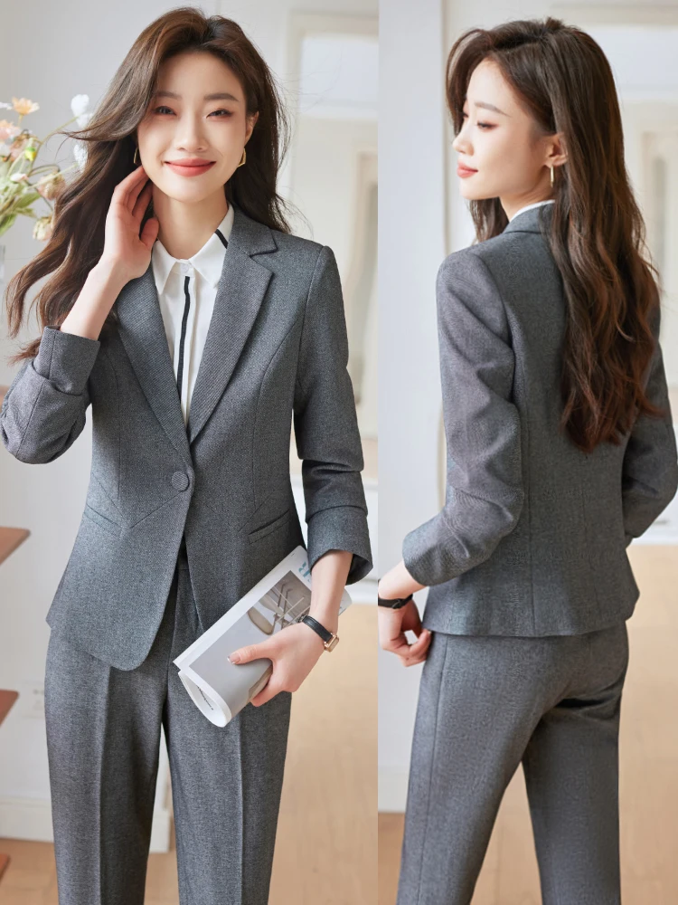 

Женский серый костюм-двойка: пиджак и брюки, весна 2026, новый стиль, элегантный, профессиональный, для учителей, деловой, формальный, комплект для работы