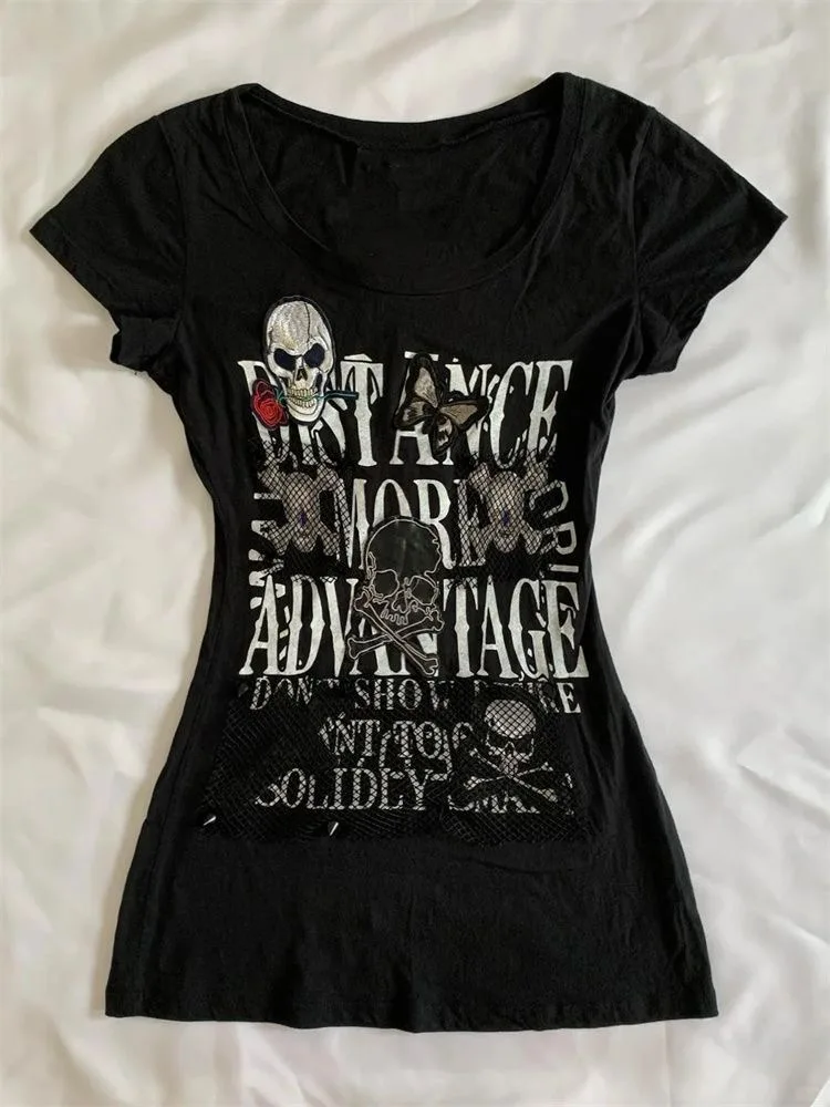 Ropa Y2k, camisetas con letras góticas para mujer, Top corto Y2k, camiseta ajustada Sexy, camisetas gráficas de calavera Punk, dulce Harajuku, chica coreana Punk