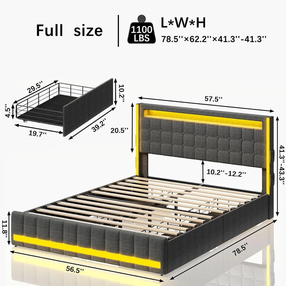 Upholstered Full Size Bed Frame，4 Storage Drawers,Charging Station,Adjustable Headboard,Slats Support,No Box Spring Needed，Gray