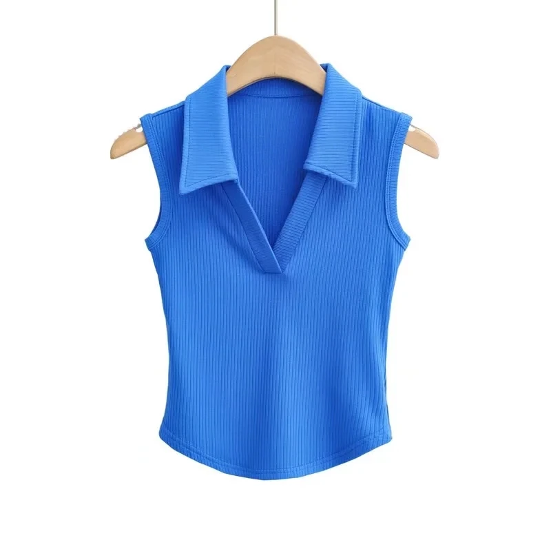Slim Fit Vintage High Waist Sleeveless Vest Women's Fashion Design Turn-down Collar Elastic Threaded Tank Top Summer 