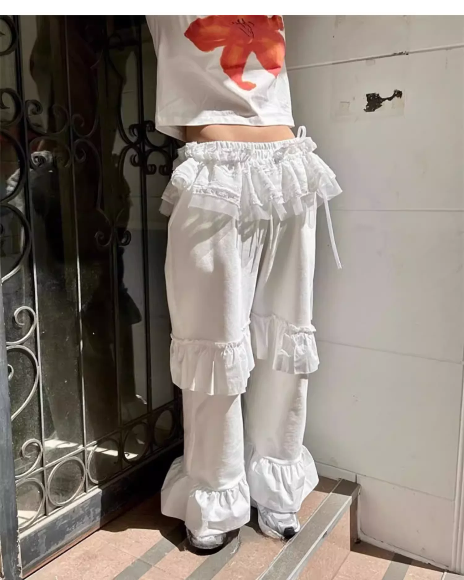 Korean Street Chic Ruffles Personalized Elastic Waist Loose Leisure Pants Versatile Age Reduction Solid Color Straight Trousers