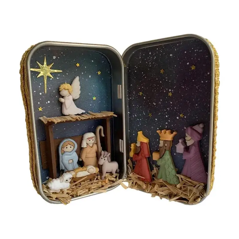 

Holy Family Figurine Colorful Nativity Box Ornament Religious Jesus Nativity Set Hand-Painted Statue Ornaments Room Home Decor