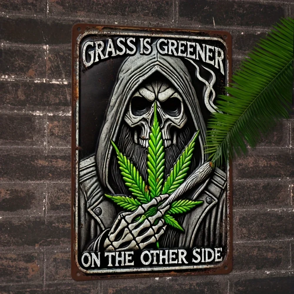 Stylish Multipurpose Aluminum Yard Sign, Featuring Vintage Grim Reaper & Cannabis Design, Ideal for Outdoor/Indoor Decor.