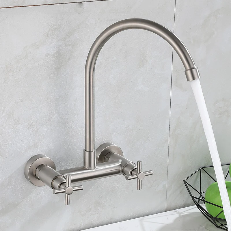 Wall Mount Kitchen Faucet 360 Swivel Spout Double Cross Handles Sink Vegetable Basin Balcony Laundry Faucet Cold Hot Water Mixer