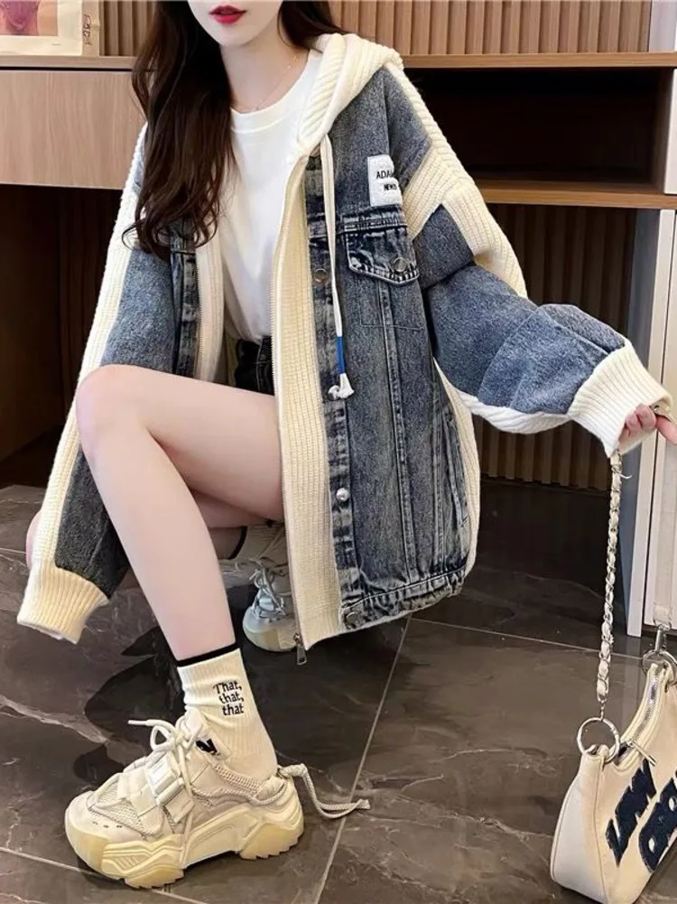 Denim Patchwork Hooded Sweater Women 2024 New Autumn Winter Korean Knitted Jacket Chic Jersey Cardigan Loose Clothes Outerwear