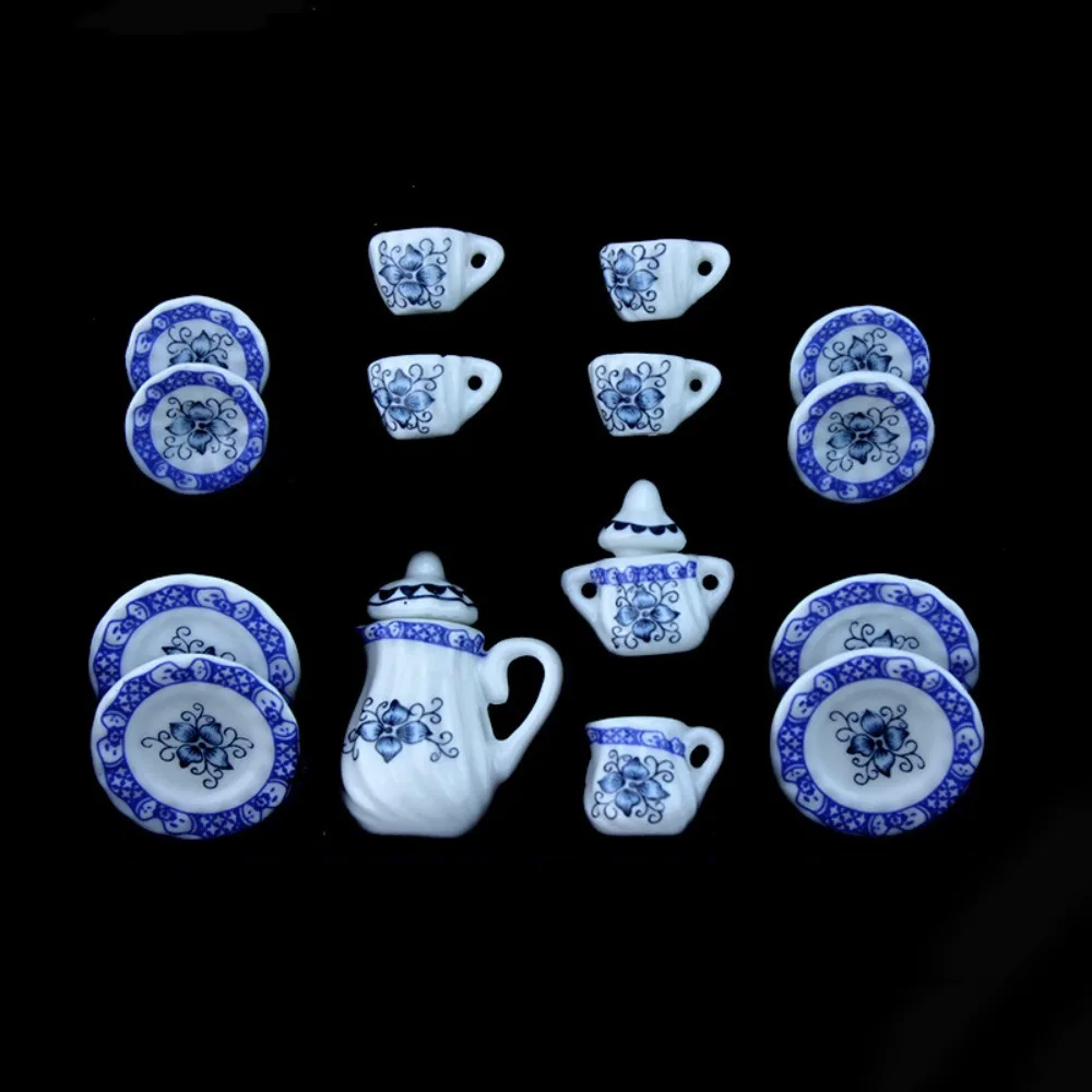 Ceramic Dollhouse Miniature Tea Set Kettle Tableware House Cup Model Set Flower Tray Miniature Porcelain Tea Cup Set