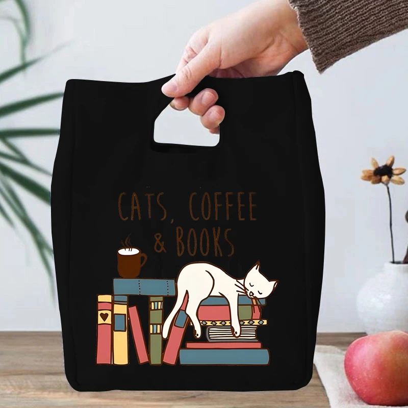 Thermal Bento Bag Cats and Books Print Women Insulation Portable Pouch Food Picnic Fresh Cooler Lunch Bag for School Student