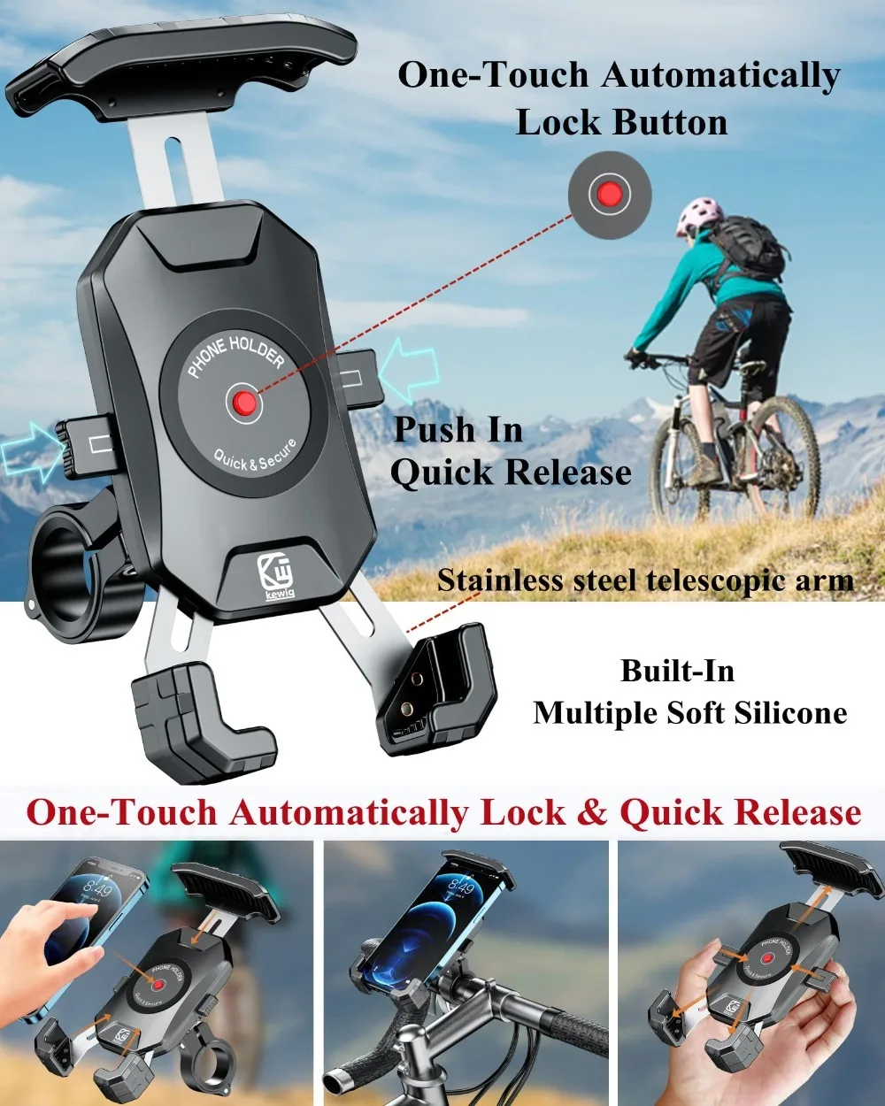 Motorcycle Phone Holder 1s Lock One Hand Operation Bike Phone Mount Handlebar Phone Holder for Bicycle Motorcycle ATV Scooter