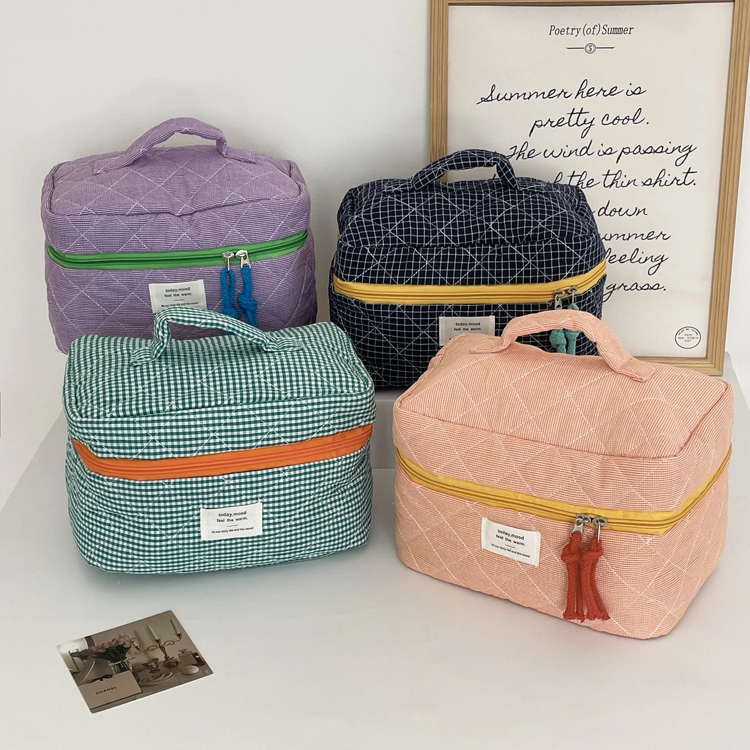 Cotton light classic plaid makeup bag simple girl handbag go out portable wash and gargle collection bag