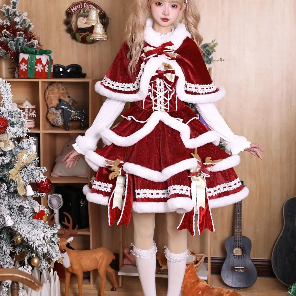 

Оригинальное осенне-зимнее рождественское платье с рогами оленя, милое платье Лолиты со съемным бантом и шляпой, плащ, платье-пальто