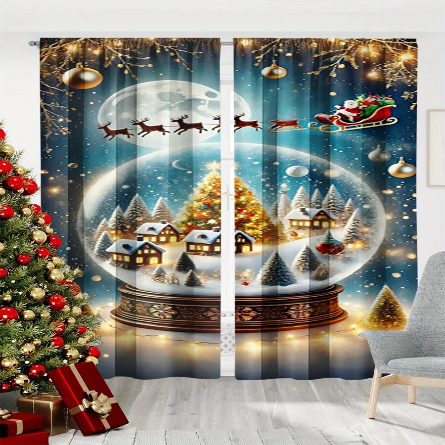2PCS Christmas Winter Curtains, Snow Globe Christmas Village Santa Reindeer, Digital Print, Bedroom Living Room, Home Decor